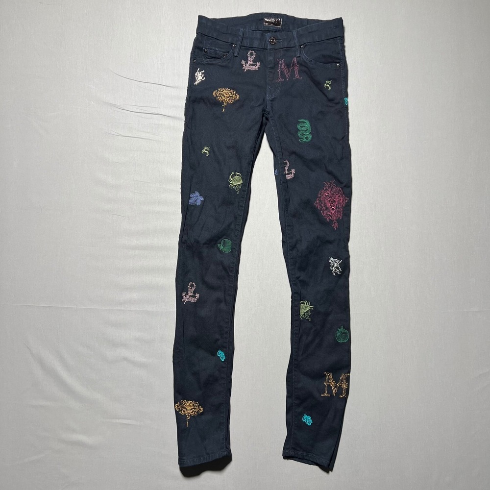MOTHER Black Skinny Jeans with Multicolor Embroidered Accents